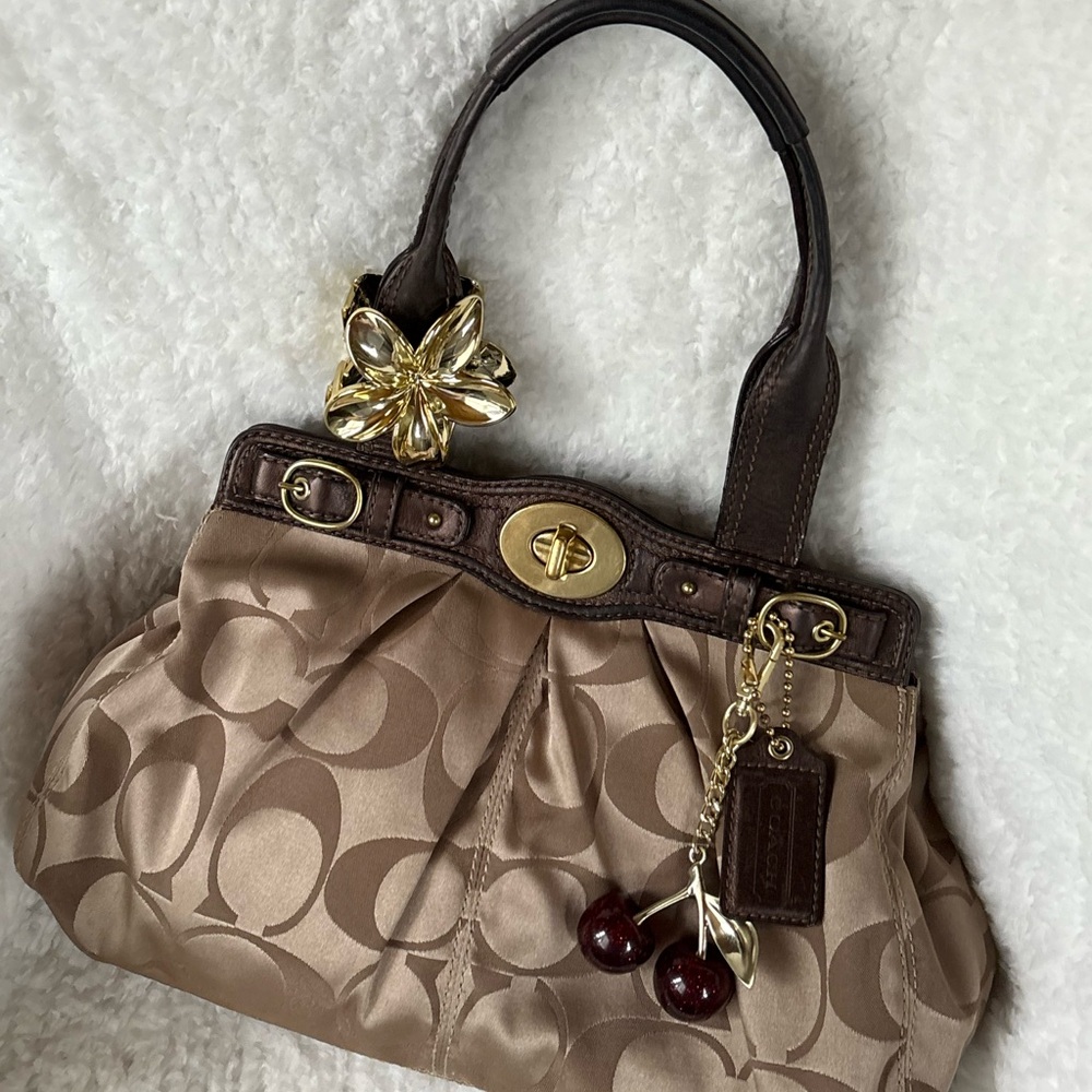 Coach Garnet Large Sateen Satchel Tan and Brown Shoulder Bag with Gold Hardware